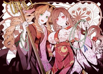 2girls aerith_gainsborough alternate_costume bead_bracelet beads bracelet braid braided_ponytail breasts closed_mouth cowboy_shot final_fantasy final_fantasy_vii green_eyes hair_ribbon hat holding holding_prayer_beads holding_staff japan jewelry large_breasts long_hair low-tied_long_hair medium_breasts mirrorclew monk multiple_girls open_mouth parted_bangs pink_ribbon red_eyes ribbon sidelocks single_braid smile staff swept_bangs tifa_lockhart wide_sleeves