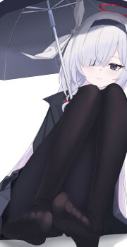 1girl absurdres black_eyes black_hairband black_pantyhose black_skirt black_umbrella blue_archive blunt_bangs blush bow braid chinese_commentary closed_mouth commentary_request convenient_leg eyelashes eyes_visible_through_hair feet full_body hair_bow hair_over_one_eye hairband halo highres knees_up lkovn956271 long_bangs long_hair miniskirt no_shoes pantyhose partial_commentary plana_(blue_archive) pleated_skirt red_halo red_pupils simple_background single_braid sitting skirt smile soles solo split_mouth straight_hair toes tsurime umbrella under_umbrella very_long_hair white_background white_hair