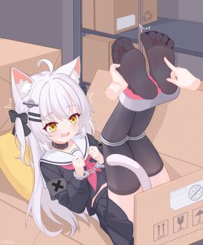 1girl absurdres ahoge animal_ear_fluff animal_ears black_thighhighs bound box cardboard_box cat_ears cat_girl cat_tail collar commentary_request cuffs disembodied_limbparent:10056554 eugenecolin feet hair_ornament highres in_box in_container large_variant_set long_hair long_sleeves lying neckerchief no_shoes on_back original paid_reward_available pleated_skirt sailor_collar school_uniform serafuku skirt soles solo tail thighhighs tickling toes variant_set white_hair white_sailor_collar yellow_eyes