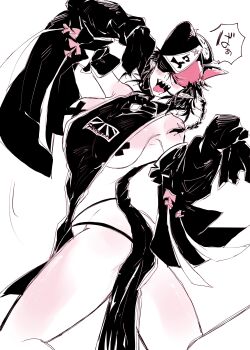 1girl absurdres beam_(chainsaw_man) black_hair breasts chainsaw_man detached_sleeves genderswap genderswap_(mtf) greyscale highres large_breasts long_hair looking_at_viewer monochrome nijisanji_genka pasties pointy_ears revealing_clothes shark_girl side_slit simple_background tape tape_on_nipples white_background