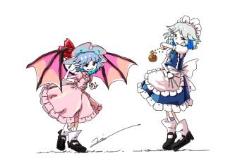 2girls apron bat_wings black_shoes black_wings blue_hair blue_skirt blue_vest bow bowtie braid center_frills collared_dress demon_wings dress fighting_stance fingernails frilled_apron frilled_dress frilled_hat frilled_skirt frills green_bow green_bowtie hat hat_ornament hat_ribbon headdress holding holding_knife holding_pocket_watch holding_weapon imperishable_night izayoi_sakuya knife large_ribbon looking_at_viewer looking_to_the_side maid maid_apron maid_headdress medium_hair mob_cap multiple_girls nail_polish open_mouth parted_bangs pink_dress pink_hat pocket_watch puffy_short_sleeves puffy_sleeves red_eyes red_nails red_ribbon remilia_scarlet ribbon sharp_fingernails shirt shoes short_sleeves signature simple_background skirt smile socks teeth touhou twin_braids vampire vest waist_ribbon watch wavy_hair weapon white_apron white_background white_hair white_headdress white_ribbon white_shirt white_socks wings yoiy_san