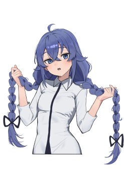 1girl absurdres ahoge blue_eyes blue_hair blush braid collared_shirt commentary cropped_torso crossed_bangs hair_between_eyes hands_up highres holding holding_own_hair long_braid long_hair looking_at_viewer mo_(mo80_rr) mushoku_tensei open_mouth roxy_migurdia shirt simple_background solo twin_braids upper_body very_long_hair white_background
