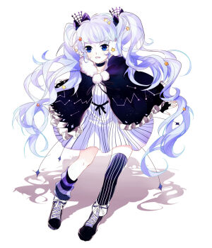 1girl asymmetrical_legwear black_boots black_bow black_choker black_cloak black_leg_warmers black_thighhighs blue_eyes blue_hair blunt_bangs boots bow choker cloak collarbone commentary_request constellation_print dress earmuffs eyelashes fingerless_gloves footwear_bow frilled_cloak full_body fur-trimmed_cloak fur_trim gloves hair_bow hair_ornament happy hatsune_miku highres lace-up_boots leaning_forward leg_warmers long_hair looking_at_viewer mismatched_legwear ninebirds open_mouth pom_pom_(clothes) print_cloak purple_leg_warmers shadow short_dress simple_background single_leg_warmer single_thighhigh smile solo standing star_(symbol) star_hair_ornament striped_clothes striped_dress striped_leg_warmers striped_thighhighs thighhighs twintails two-tone_leg_warmers vertical-striped_clothes vertical-striped_dress vertical-striped_thighhighs very_long_hair vocaloid wavy_hair white_background white_bow white_dress yuki_miku