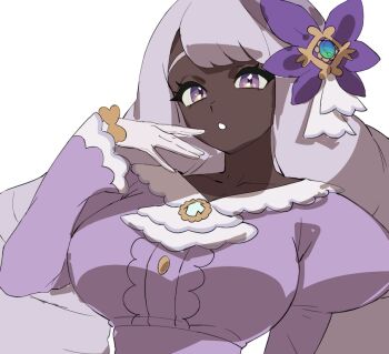 1girl :o breasts dark-skinned_female dark_skin dress flower gloves hair_flower hair_ornament jacinthe_(pokemon) large_breasts long_hair looking_at_viewer nintendo pokemon pokemon_legends:_z-a purple_dress purple_eyes purple_hair simple_background solo taiyang_yu upper_body very_dark_skin white_background white_gloves