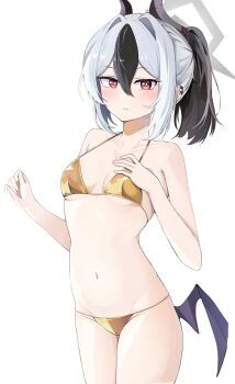 1girl absurdres alternate_costume bare_arms bare_shoulders beerbear_7321 bikini black_hair blue_archive breasts commentary cowboy_shot demon_horns demon_wings ear_piercing english_commentary gold_bikini hair_between_eyes halo halterneck highres horns kazusa_(blue_archive) long_hair looking_at_viewer low_wings multicolored_hair navel parted_lips piercing ponytail red_eyes sidelocks simple_background small_breasts solo split-color_hair stomach string_bikini swimsuit thighs two-tone_hair white_background white_hair wings