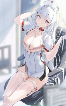 +_+ 1girl absurdres arm_up azur_lane bed blue_eyes blurry blurry_background breasts chair character_name collarbone commentary covered_navel depth_of_field dress elbow_gloves english_commentary galodos gloves hair_between_eyes hair_lift hair_ornament hat head_tilt highres hospital hospital_bed id_card le_malin_(azur_lane) long_hair looking_at_viewer nurse nurse_cap on_chair paper parted_lips see-through_clothes short_dress short_sleeves side_slit sitting small_breasts solo strap thighhighs thighs very_long_hair white_dress white_gloves white_hair white_thighhighs