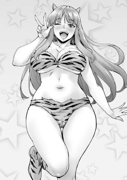 1girl \||/ alternate_breast_size animal_print bikini breasts cone_horns greyscale highres horns large_breasts long_hair looking_at_viewer lum monochrome navel one_eye_closed oni pointy_ears small_horns smile solo strapless strapless_bikini swimsuit takurou tiger_panties tiger_print urusei_yatsura v