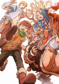 1girl 3boys armor arms_up axe beard beard_over_mouth black_eyes blonde_hair brown_eyes brown_hair chilchuck_tims commentary_request cooking_pot dungeon_meshi dwarf elf facial_hair fake_horns falling food from_below full_body fundoshi green_eyes halfling helmet highres holding horned_helmet horns japanese_clothes laios_touden long_beard long_hair long_sleeves looking_at_another looking_at_viewer looking_down marcille_donato multiple_boys mustache open_mouth pineapp80783931 plate_armor pointy_ears robe senshi_(dungeon_meshi) shoe_soles short_hair simple_background sprout staff teeth thick_mustache tomato tongue upper_body upper_teeth_only very_long_beard white_background yellow_eyes