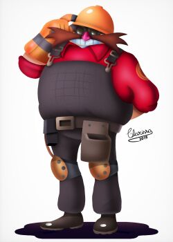 1boy arm_behind_back belt_pouch black_footwear brown_overalls clarissa_arts cosplay crossover dr._eggman engineer_(tf2) engineer_(tf2)_(cosplay) facial_hair full_body goggles hard_hat helmet highres knee_pads mustache overalls pouch red_engineer_(tf2) signature sonic_(series) team_fortress_2