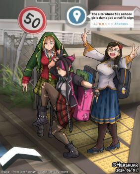 3girls bag blonde_hair cammy_white capcom chinese_clothes chun-li commentary english_commentary english_text full_body glasses han_juri hershuar high_school_girls_posing_for_google_street_view_(meme) looking_at_viewer meme multiple_girls official_alternate_costume outdoors pleated_skirt puffy_short_sleeves puffy_sleeves red_skirt school_bag school_uniform school_uniform_cammy short_sleeves skirt street_fighter street_fighter_v striped_hair twitter_username