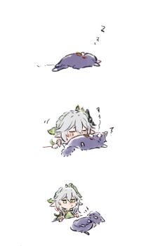 1girl ^^^ animalization ashr_m03 black_cat blank_eyes blush cat closed_eyes dress genshin_impact green_dress green_eyes hair_between_eyes hair_ornament half_crown_braid jitome kissing_stomach leaf leaf_hair_ornament long_hair lying nahida_(genshin_impact) on_back on_side pointy_ears pom_pom_(clothes) scaramouche_(cat)_(genshin_impact) scaramouche_(genshin_impact) sequential side_ponytail sidelocks sleeping string surprised waking_up white_background white_hair zzz