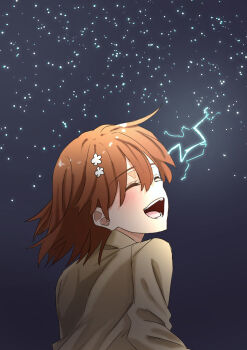 1girl aic_oekaki blazer brown_hair brown_jacket closed_eyes commentary_request electricity electrokinesis flower from_behind hair_flower hair_ornament happy highres jacket medium_hair misaka_mikoto open_mouth psychic school_uniform solo teeth toaru_kagaku_no_railgun toaru_majutsu_no_index tokiwadai_school_uniform upper_body winter_uniform