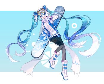 1girl 9man aqua_eyes aqua_hair black_pantyhose blue_jacket blush commentary_request gloves goggles goggles_on_head gradient_hair hair_between_eyes hatsune_miku highres jacket long_hair long_sleeves looking_at_viewer multicolored_hair official_alternate_costume official_alternate_hairstyle open_mouth pantyhose scarf ski_gear ski_goggles smile snowflake_print solo twintails v very_long_hair vocaloid white_gloves white_hair white_scarf yuki_miku yuki_miku_(2016)