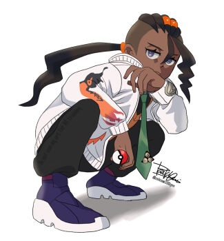 1boy black_hair black_pants commentary_request dark-skinned_male dark_skin full_body green_necktie isamu-ki_(yuuki) jacket looking_at_viewer male_focus naveen_(pokemon) necktie nintendo pants poke_ball poke_ball_(basic) pokemon pokemon_legends:_z-a print_jacket purple_eyes purple_shoes shoes simple_background solo squatting undercut white_background white_jacket