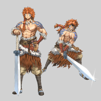 1boy abs brown_footwear brown_skirt facial_tattoo fantasy frown fur_trim glint grey_background grin hand_on_own_hip highres holding holding_sword holding_weapon jewelry long_hair male_focus multiple_views muscular muscular_male necklace nino_(pixiv_64539552) orange_hair original pouch scar scar_on_chest shoulder_tattoo simple_background skirt smile standing sword tattoo topless_male vambraces warrior weapon yellow_eyes