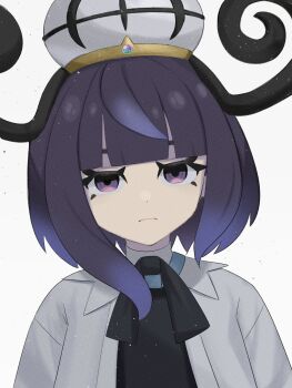 1girl black_hair blunt_bangs closed_mouth gradient_hair gwynn_(pokemon) highres jacket looking_at_viewer mega_stone multicolored_hair nintendo open_clothes open_jacket pokemon pokemon_legends:_z-a pucipumpkin purple_eyes purple_hair solo upper_body white_background white_jacket