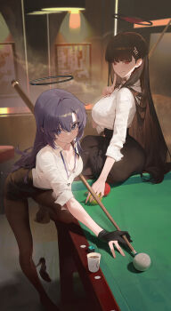 2girls absurdres alternate_costume alternate_hairstyle ball billiard_ball billiard_chalk billiards black_hair black_halo black_pantyhose black_shoes blue_archive blue_eyes breasts cleavage commentary_request cue_stick cup disposable_cup gloves hair_behind_ear hair_ornament halo high_heels highres holding holding_cue_stick id_card indoors lanyard large_breasts leaning_forward long_hair looking_at_viewer mechanical_halo medium_breasts millennium_science_school_logo modare multiple_girls no_shoes pantyhose partially_fingerless_gloves pencil_skirt playing_sports pool_table purple_hair red_eyes rio_(blue_archive) shoes skirt smile solo standing table unworn_shoes yuuka_(blue_archive)