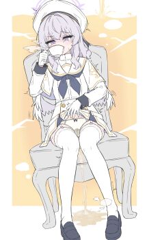 1girl beret black_shoes blue_archive blue_neckerchief blush breath capelet chair clothes_lift commentary_request cup dress dress_lift drinking_glass feathered_wings garter_straps gloves grey_hair halo hand_up hat highres holding holding_cup long_hair long_sleeves low_wings mizusaki_(kn27) motion_lines neckerchief on_chair panties pee pee_puddle pee_stain peeing peeing_self purple_eyes purple_halo shoes sitting solo sweat tea_party_militant_(blue_archive) teacup tearing_up thighhighs trembling underwear wet wet_clothes wet_panties white_capelet white_dress white_gloves white_panties white_thighhighs white_wings wings yellow_background