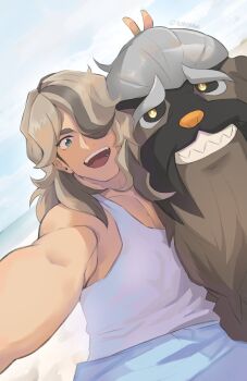 1boy absurdres arven_(pokemon) brown_fur brown_hair commentary dog grin hair_over_one_eye highres long_hair looking_at_viewer mabosstiff nintendo open_mouth pokemon pokemon_(creature) pokemon_sv robokeh smile symbol-only_commentary tank_top teeth upper_teeth_only white_tank_top
