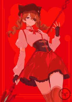 Rule 34 | 1977 oj3, 1girl, breasts, brown hair, commentary request, cosplay, cowboy shot, eyepatch, highres, holding, holding polearm, holding weapon, lance, neon genesis evangelion, polearm, small breasts, solo, souryuu asuka langley, spear, tomoe mami, tomoe mami (cosplay), upper body, watermark, weapon