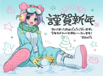 1girl :d aqua_eyes aqua_jacket aqua_pants beanie boots colored_shoe_soles earflap_beanie fang gloves goggles goggles_on_head gradient_background grey_hair hat highres jacket looking_at_viewer open_mouth original pants rubber_gloves sasamigumi scarf short_hair sitting smile snow snowman solo spread_legs two_side_up white_boots