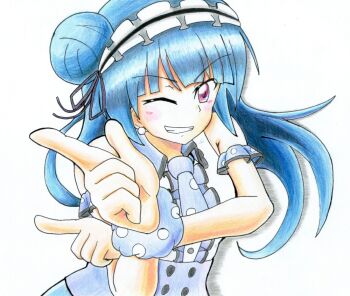 1girl 2019 apron artist_name artist_request bare_shoulders blue_dress blue_hair blue_neckwear blue_skirt blush buttons com2 dress earrings female_focus hair_bun jewelry long_hair looking_at_viewer love_live! love_live!_school_idol_festival love_live!_sunshine!! maid maid_apron maid_headdress neckwear_request omoi_yo_hitotsu_ni_nare one_eye_closed polka_dot_neckwear red_eyes single_hair_bun skirt smile solo song_name tsushima_yoshiko white_background wrist_cuffs