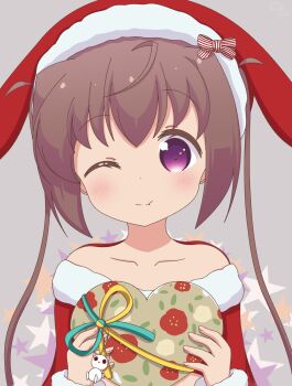 1girl bare_shoulders brown_hair cherritama_ christmas closed_mouth collarbone dot_nose facing_viewer fang feet_out_of_frame female_focus gift hair_between_eyes heart heart_(symbol) holding holding_gift long_hair long_sleeves looking_at_viewer momochi_tamate one_eye_closed purple_eyes ribbon skin_fang slow_start smile solo standing star_(symbol) twintails