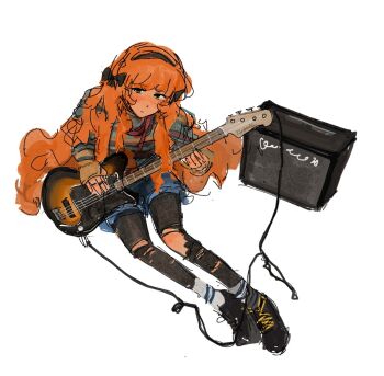 1girl amplifier bass_guitar black_pantyhose black_shoes blue_shorts check_instrument hashtag-only_commentary herbbbbby highres holding holding_instrument instrument ishmael_(project_moon) jewelry limbus_company long_hair looking_at_viewer multiple_rings orange_hair pantyhose project_moon ring shirt shoes shorts simple_background solo striped_clothes striped_shirt torn_clothes torn_pantyhose very_long_hair wavy_hair