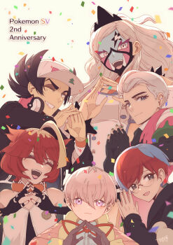 Rule 34 | 3boys, 3girls, :3, :d, absurdres, ahoge, anniversary, atticus (pokemon), black gloves, black hair, black hoodie, blonde hair, blue eyes, blue hair, blush, closed eyes, closed mouth, commentary request, confetti, copyright name, eri (pokemon), eyelashes, facepaint, fingerless gloves, giacomo (pokemon), glasses, gloves, green nails, grey eyes, grey gloves, hat, headphones, headphones around neck, highres, hood, hoodie, long hair, mela (pokemon), multicolored hair, multiple boys, multiple girls, nail polish, nintendo, one eye closed, open mouth, ortega (pokemon), penny (pokemon), pink eyes, pink hair, poke ball theme, pokemon, pokemon sv, red hair, round eyewear, short hair, signature, smile, suzukinoko1021, team star, teeth, two-tone hair, upper body, upper teeth only, very short hair, white background, white hair, white hat
