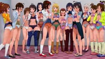 13-nin_zenin_de_producer_o_nerau_idol-tachi 6+girls ahoge akizuki_ritsuko amami_haruka antenna_hair black_bra black_panties blonde_hair blush boots bow bow_panties bra breasts breath brown_hair cleavage clothes_lift clothes_pull futami_ami futami_mami ganaha_hibiki glasses hagiwara_yukiho hair_bobbles hair_ornament hair_ribbon hair_scrunchie highres hoshii_miki idolmaster idolmaster_(classic) kikuchi_makoto kisaragi_chihaya knee_boots lifting_own_clothes long_hair long_sleeves loose_socks mary_janes midriff minase_iori miura_azusa multiple_girls navel nipples open_clothes open_mouth open_shirt panties pants pants_pull pink_panties ponytail profile red_bra red_panties ribbon sandals scrunchie shadow shijou_takane shiny_skin shirt shoes short_hair siblings sisters sitting skirt skirt_hold skirt_lift small_breasts socks spread_legs standing striped_clothes striped_panties takatsuki_yayoi teeth tile_floor tiles tsupan twins underwear vertical_stripes white_legwear white_panties