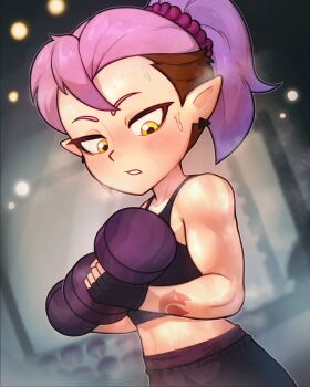 1girl absurdres amba_si amity_blight biceps black_tank_top blush brown_hair dumbbell earrings exercising fingerless_gloves gloves gym hair_ornament hair_scrunchie highres holding holding_dumbbell jewelry multicolored_hair muscular muscular_female pants pointy_ears ponytail purple_hair roots_(hair) scrunchie sweat sweatpants tank_top the_owl_house toned yellow_eyes