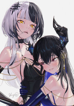 2girls absurdres alternate_costume asymmetrical_horns black_gloves black_hair black_leotard blue_gloves blue_hair blunt_bangs breasts cleavage colored_inner_hair commentary elbow_gloves english_commentary flower flower_knot gloves grey_hair hair_between_eyes hair_in_own_mouth hair_ornament halterneck head_on_chest highres hololive hololive_english horn_flower horns hug large_breasts leotard long_hair looking_at_another massiveyog mole mole_under_eye multicolored_hair multiple_girls nerissa_ravencroft open_mouth parted_lips purple_eyes shiori_novella sidelocks simple_background slit_pupils split-color_hair straight_hair tassel tassel_hair_ornament two-tone_hair uneven_horns upper_body virtual_youtuber white_background yellow_eyes yuri