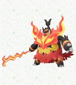 black_fur boar claws colored_skin emboar fangs fire full_body gen_5_pokemon highres holding holding_staff mega_emboar mega_pokemon nintendo no_humans official_art orange_fur pokemon pokemon_(creature) pokemon_focus pokemon_legends:_z-a red_eyes sharp_teeth solo staff teeth tusks weapon