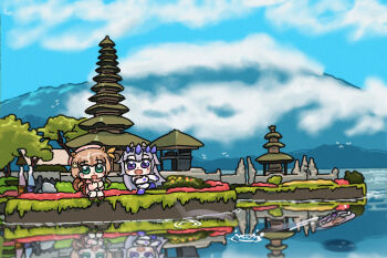 2girls animal_ears ayunda_risu ayunda_risu_(1st_costume) bali_(indonesia) bing_huyue blush_stickers brown_hair cardigan circlet clapping commentary crying english_commentary gem gem_hair_ornament green_eyes hair_ornament hand_jewel highres hololive hololive_english hololive_indonesia indonesia kneehighs koseki_bijou koseki_bijou_(1st_costume) leaf_hair_ornament mountain multiple_girls open_mouth pebble_(koseki_bijou) pink_cardigan pura_ulun_danu_bratan purple_eyes purple_gemstone purple_hair real_world_location reflection reflective_liquid scenery short_hair simple_bird sitting sky socks squirrel_ears squirrel_girl squirrel_tail stone_skipping tail temple tree virtual_youtuber white_socks