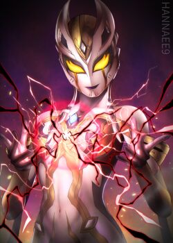 1girl alien armor artist_name black_skin breasts carmeara collarbone color_timer colored_skin commentary covered_navel crackling_energy crystal cupping_hands dark_background energy facial_mark forehead_jewel giant giantess glowing glowing_eyes gradient_eyes hands_up hannaee9 highres horns light_particles looking_down medium_breasts multicolored_eyes multicolored_skin navel no_pupils open_hands orange_eyes own_hands_together purple_lips shoulder_armor silver_skin smile solo spread_fingers tokusatsu toned toned_female ultra_series ultraman_trigger_(series) upper_body yellow_eyes