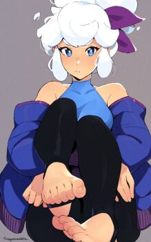 1girl artist_name bare_shoulders barefoot blue_eyes blue_jacket blue_shirt feet jacket original pants ponytail pout shirt simple_background squeezable_(squeezabledraws) taffy_(squeezable) toe_scrunch toes white_hair yoga_pants