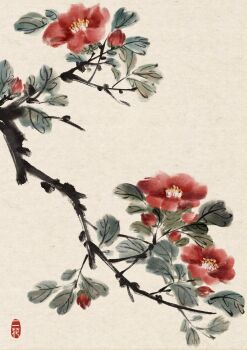 Rule 34 | absurdres, branch, camellia, chinese commentary, commentary request, flower, highres, hua zhangerhua, ink wash painting, leaf, no humans, original, plant, red flower, signature, still life, traditional media, yellow background