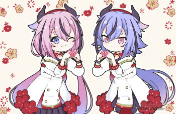 2others blue_hair commentary_request floral_background flower gynoid_talk highres horns long_hair meika_hime meika_mikoto mitya multicolored_hair multiple_others one_eye_closed pink_eyes pink_hair skirt smile very_long_hair