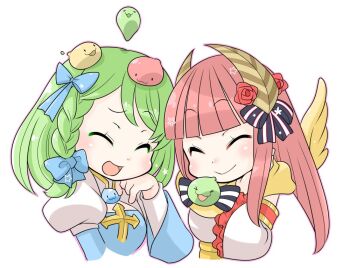 2girls :d arch_bishop_(ragnarok_online) blue_bow blue_dress blunt_bangs blush bow braid brown_horns closed_eyes closed_mouth commentary_request dress drops_(ragnarok_online) green_hair hair_bow horns juliet_sleeves long_hair long_sleeves multiple_girls oekakipikki open_mouth pink_hair poporing poring puffy_sleeves ragnarok_online scarf side_braid simple_background single_braid slime_(creature) smile two-tone_dress upper_body white_background white_dress yellow_scarf