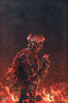 Rule 34 | 1boy, absurdres, arm armor, armor, black background, black gauntlets, bloodexer, breastplate, burning, cape, crown, dagger, dark souls (series), dark souls iii, fire, flower, fromsoftware, full armor, gauntlets, head wreath, helmet, highres, holding, holding flower, knife, knight, red cape, red flower, simple background, single gauntlet, solo, soul of cinder, standing, weapon