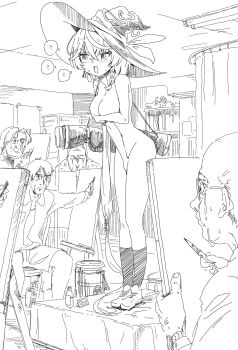 1girl 4boys ? blue_archive breasts canvas_(object) completely_nude covering_breasts covering_crotch covering_privates crying crying_with_eyes_open eri_(blue_archive) greyscale hair_between_eyes halo hat highres holding holding_pencil indoors kneehighs large_breasts merhok modeling monochrome multiple_boys nude nude_modeling open_mouth pencil shoes socks solo_focus spoken_question_mark standing tears witch_hat