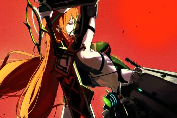 1girl absurdres arknights arknights:_endfield arm_up breasts commentary dutch_angle elisbian ember_(arknights) from_behind halo highres holding holding_behind_back holding_sword holding_sword_behind_back holding_weapon holding_weapon_behind_back long_hair mechanical_halo medium_breasts orange_eyes red_background red_hair red_theme sideways_glance solo sword sword_on_back twitter_username weapon weapon_on_back