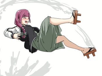 1girl black_jacket bocchi_the_rock! closed_eyes dress fighting_game full_body geta green_dress hiroi_kikuri jacket m._bison purple_hair simple_background solo street_fighter torako_(toramaru) white_background