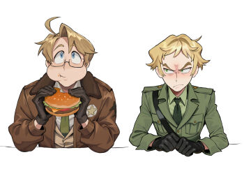 Rule 34 | 2boys, absurdres, america (hetalia), angry, axis powers hetalia, blonde hair, blue eyes, burger, closed mouth, collared shirt, fawken, food, frown, glasses, gloves, green eyes, green jacket, green necktie, highres, holding, holding burger, holding food, jacket, long sleeves, male focus, military jacket, military uniform, multiple boys, necktie, puffy cheeks, semi-rimless eyewear, shirt, short hair, simple background, soul eater, tareme, thick eyebrows, tsurime, united kingdom (hetalia), white shirt