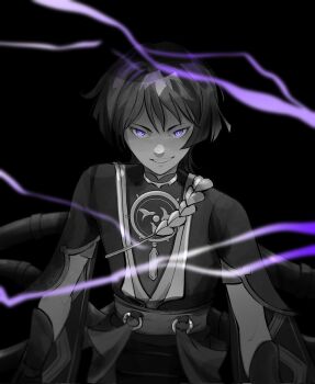 Rule 34 | 1boy, arm armor, belt, black background, closed mouth, commentary, english commentary, evil smile, genshin impact, greyscale, hair between eyes, highres, jewelry, looking at viewer, magic, mandarin collar, monochrome, necklace, no headwear, r oci 0, scaramouche (genshin impact), shirt, short hair, short sleeves, shorts, simple background, smile, solo, standing, teeth, v-shaped eyebrows