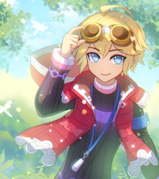 1boy armor blonde_hair blue_eyes enni gloves looking_at_viewer male_focus monado short_hair shulk_(xenoblade) simple_background smile solo sword vest weapon xenoblade_chronicles_1 xenoblade_chronicles_(series)