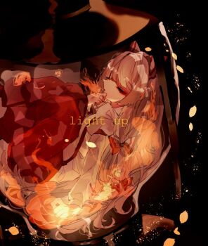 1girl black_background bow closed_eyes closed_mouth commentary_request eyeshadow fetal_position fire fujiwara_no_mokou full_body grey_hair hair_bow in_lantern lantern makeup one-hour_drawing_challenge pants red_eyeshadow red_pants shinjitsu_no_kuchi shirt solo touhou white_bow white_shirt