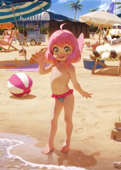 1girl ahoge alkemanubis anya_(spy_x_family) bad_tag bag ball barefoot beach beach_umbrella beachball becky_blackbell bikini bikini_bottom_only bikini_skirt black_hair blue_bikini blue_sky bond_(spy_x_family) brown_hair cameltoe chair day deck_chair dog feet flat_chest folding_chair footprints franky_franklin frilled_bikini frills full_body green_eyes highres inflatable_armbands loli looking_at_viewer lying medium_hair multiple_boys multiple_girls navel nipples on_back one-piece_swimsuit open_mouth outdoors palm_tree people pink_hair sand_castle sand_sculpture short_twintails shorts sky smile solo_focus spy_x_family standing stomach sunglasses swimsuit tanning teeth thighs toes topless_female tree twintails umbrella upper_teeth_only variant_set water waving