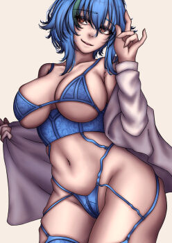 1girl aquaaqua blue_bra blue_hair blue_panties bra breasts female_focus garter_straps green_hair high_school_dxd highres lingerie micro_panties multicolored_hair navel panties skindentation solo streaked_hair underboob underwear xenovia_quarta
