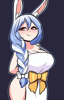 1girl absurdres animal_ear_fluff animal_ears apron arms_behind_back blue_hair blush bow braid breasts cleavage commentary english_commentary hair_between_eyes hair_bow hair_over_shoulder highres hololive huge_breasts jek_korpen long_hair looking_at_viewer multicolored_hair naked_apron pekomama rabbit_ears rabbit_girl red_eyes simple_background single_braid smile smug solo thighs two-tone_hair virtual_youtuber white_bow white_hair